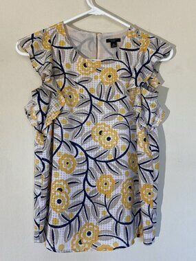 Ann Taylor Factory Gingham Floral Flower Ruffle Sleeve Keyhole Blouse Shirt XSP